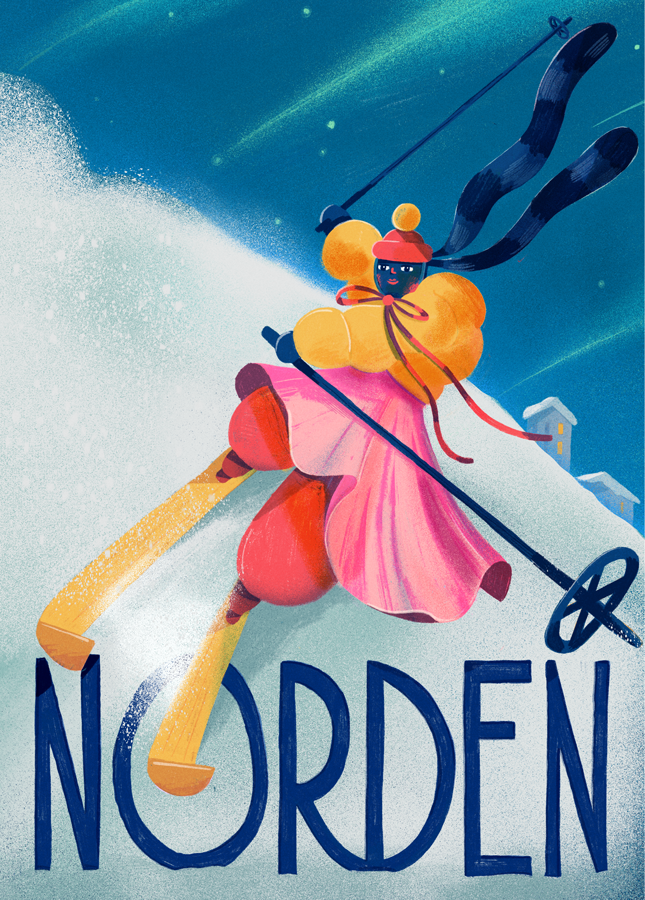 Come-to-norden-as-you-are-skier-illustration-poster-vesa-matti-juutilainen